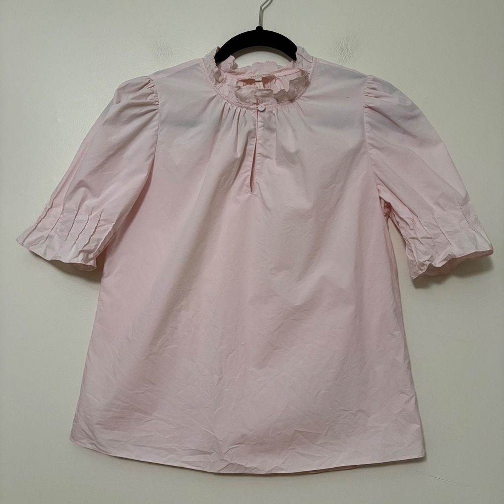 Rebecca Taylor Pink Cotton Ruffle Neck Pintuck Short Sleeve Blouse Size 0 small